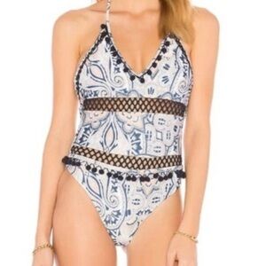 TULAROSA EMBER PAISLEY POM POM BLUE ONE PIECE BATHING SWIM SUIT WOMENS SZ LARGE